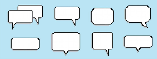 Pixel empty speech bubble. Chat speech. Communication box. Dialog cloud. 8-bit. Game development. Vector illustration on a blue background