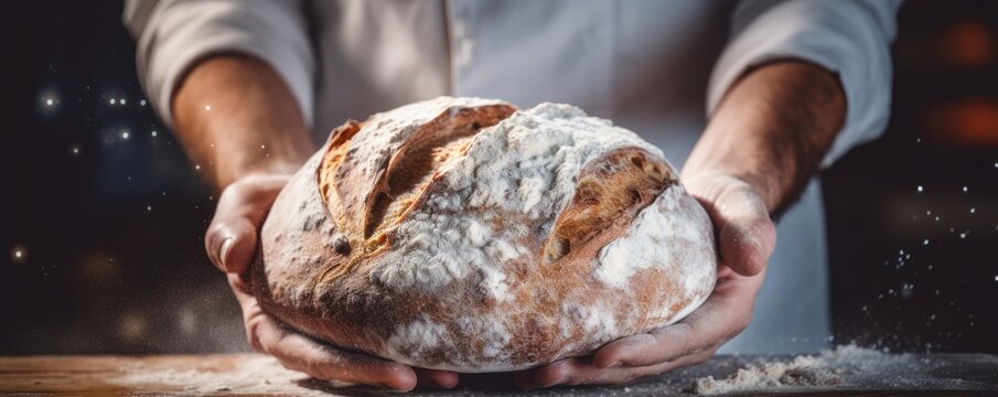 Baker is making in oven fresh sourdough bread with mess of flour, food panorama. Generative Ai.