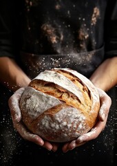 Baker is making in oven fresh sourdough bread with mess of flour on table. Generative Ai.
