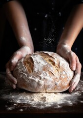 Fototapeta premium Baker is making in oven fresh sourdough bread with mess of flour on table. Generative Ai.