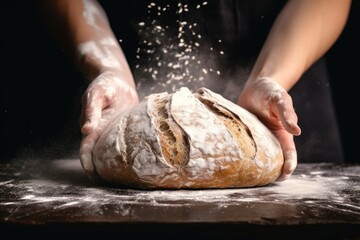 Baker is making in oven fresh sourdough bread with mess of flour on table. Generative Ai.