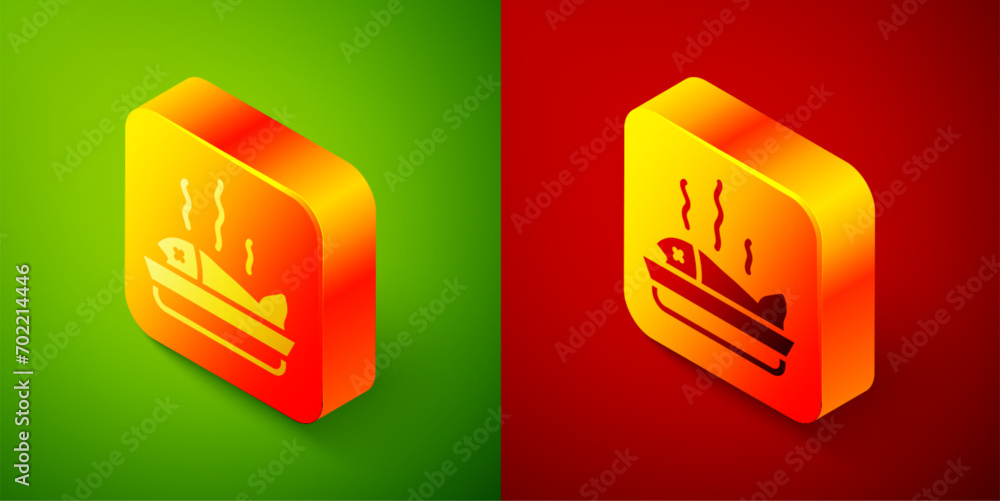 Poster isometric served fish on a plate icon isolated on green and red background. square button. vector
