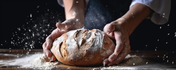 Baker is making in oven fresh sourdough bread with mess of flour, food panorama. Generative Ai.
