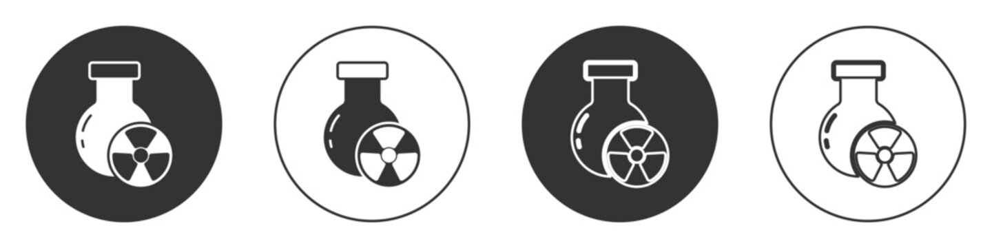 Black Laboratory chemical beaker with toxic liquid icon isolated on white background. Biohazard symbol. Dangerous symbol with radiation icon. Circle button. Vector