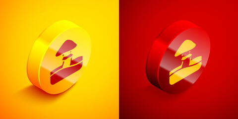 Isometric Mushroom icon isolated on orange and red background. Circle button. Vector