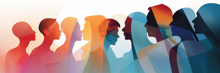 Harmony in Silhouettes: Diverse Group of Men and Women in Varied Color Schemes, Soft Palette Style with Distinctive Noses. Layered Collage on Shaped Canvas, Incorporating Transparent/Semi-Transparent 