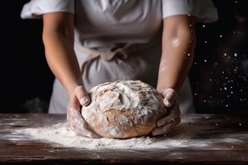 Fototapeta premium Baker is making in oven fresh sourdough bread with mess of flour on table. Generative Ai.
