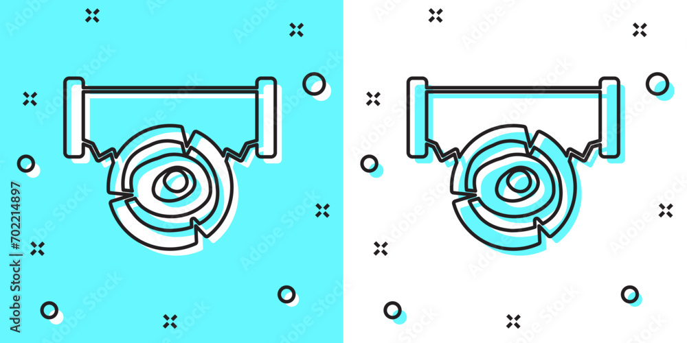 Poster black line two-handed saw and log icon isolated on green and white background. random dynamic shapes