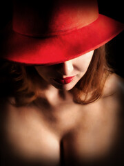 Pretty woman with red hat, AI generated