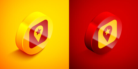 Isometric Location for camping or tours and travels icon isolated on orange and red background. Circle button. Vector