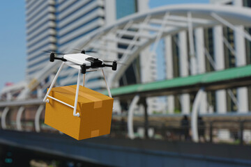 Drone delivering parcel box in urban city, futuristic express delivery, 3D rendering.