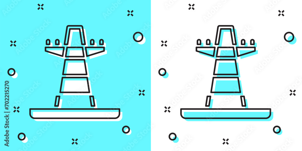 Poster black line electric tower used to support an overhead power line icon isolated on green and white ba