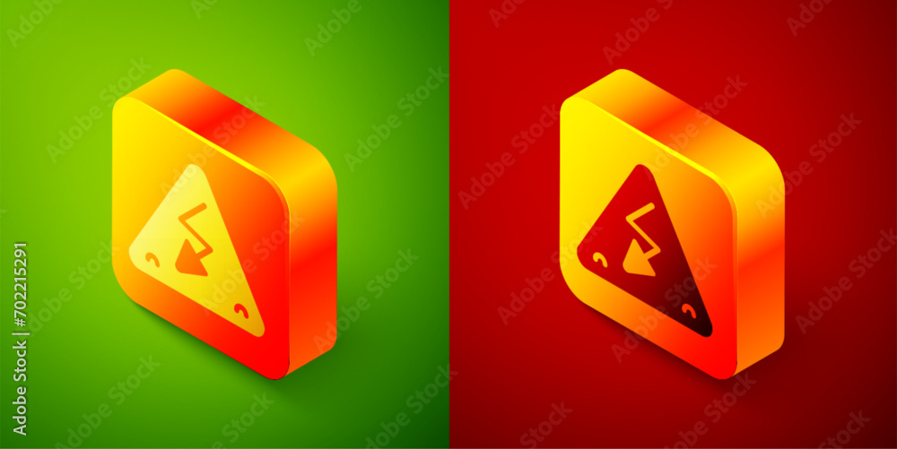Poster isometric high voltage sign icon isolated on green and red background. danger symbol. arrow in trian