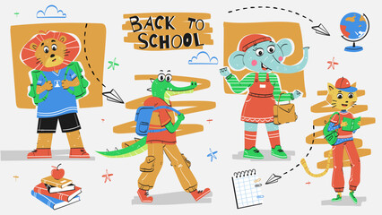 Cute Animals Back to School characters. vector illustration.