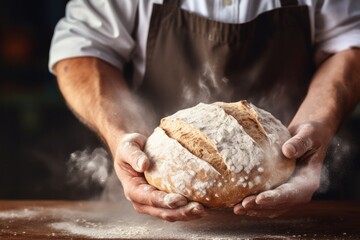 Fototapeta premium Baker is making in oven fresh sourdough bread with mess of flour on table. Generative Ai.