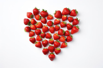 Creative background made of red strawberries in the shape of heart, top view on white