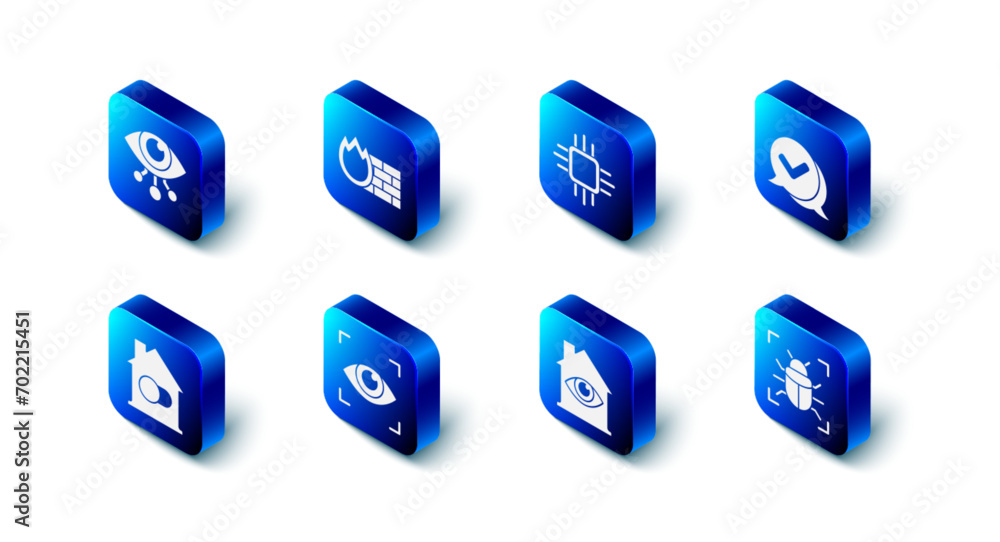 Poster set firewall, security wall, processor with microcircuits cpu, check mark in speech bubble, system b