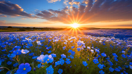 青い花の花畑と太陽と空の自然風景 - obrazy, fototapety, plakaty