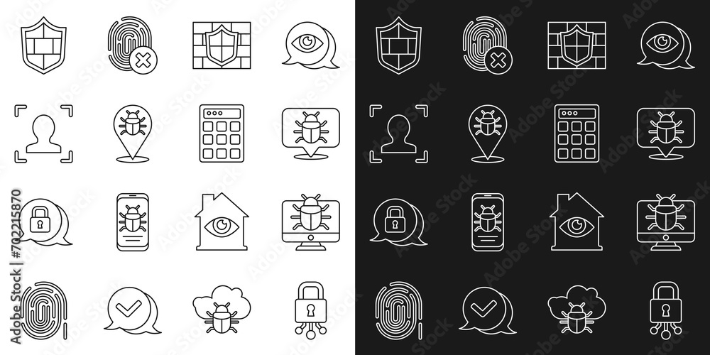 Poster set line cyber security, system bug on monitor, shield with brick wall, face recognition, and passwo