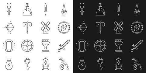 Set line Sword with blood, Medieval sword, Ancient coin, axe, bow and arrow, Torch flame and Windmill icon. Vector