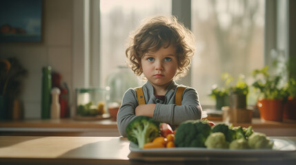 Little boy refuses to eat vegetables Little boy who is dissatisfied with giving healthy vegetables to children - obrazy, fototapety, plakaty