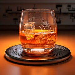 Whiskey in a glass with ice cubes. 3d illustration. Minimalist and modern pop art.
