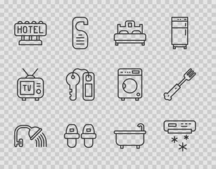 Set line Shower head, Air conditioner, Bedroom, Hotel slippers, Signboard with text, door lock key, Bathtub and Fork icon. Vector