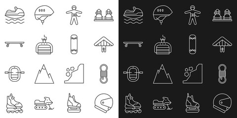 Set line Helmet, Climber rope, Hang glider, Bungee jumping, Ski lift, Longboard or skateboard, Jet ski and Skateboard trick icon. Vector