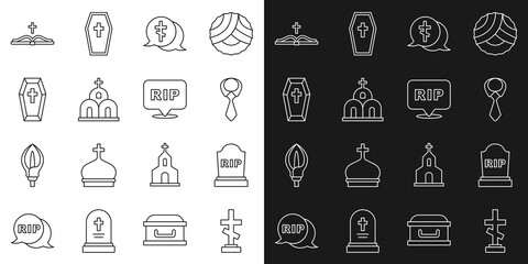 Set line Grave with cross, Tombstone RIP written, Tie, Church building, Coffin, Holy bible book and Speech bubble rip death icon. Vector