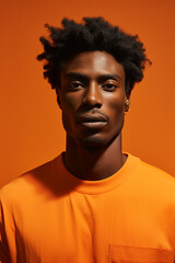 young black man happy, confident, satisfied expression, lateral view against orange wall