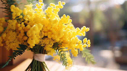 黄色いミモザの花の花束、ミモザの日、アカシア