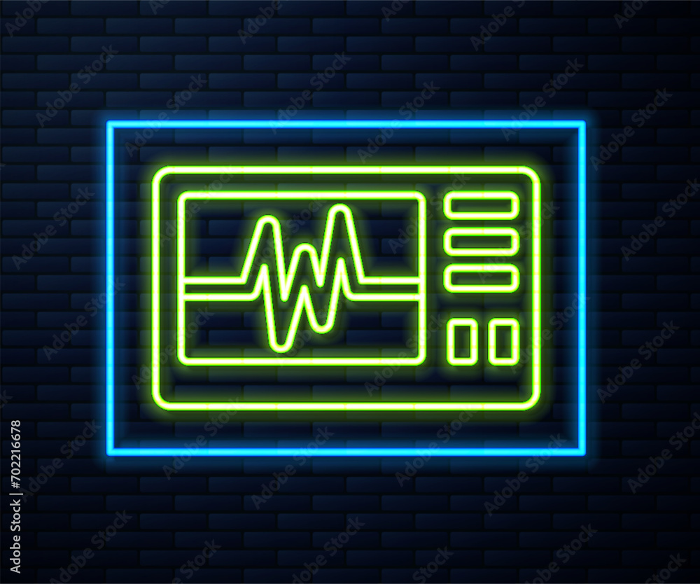 Poster glowing neon line computer monitor with cardiogram icon isolated on brick wall background. monitorin
