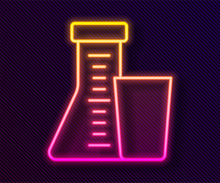 Glowing neon line Test tube and flask chemical laboratory test icon isolated on black background. Laboratory glassware sign.  Vector