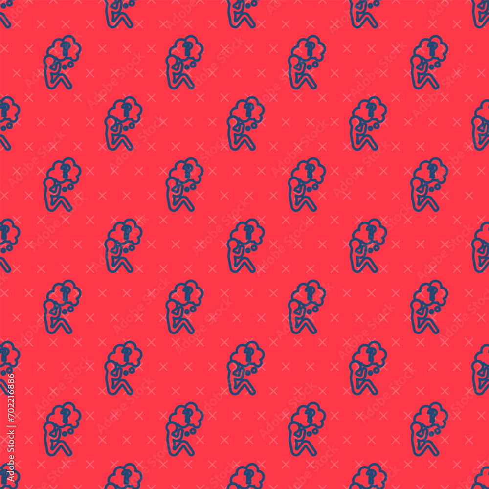 Poster blue line human head with question mark icon isolated seamless pattern on red background. vector