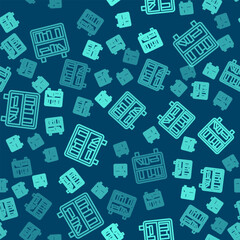 Green line Shelf with books icon isolated seamless pattern on blue background. Shelves sign.  Vector