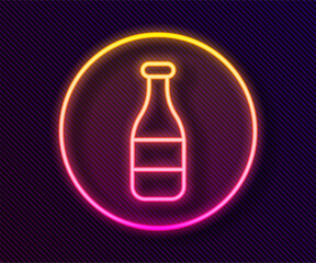 Glowing neon line Bottle icon isolated on black background.  Vector
