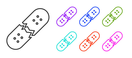 Black line Broken skateboard deck icon isolated on white background. Extreme sport. Sport equipment. Set icons colorful. Vector