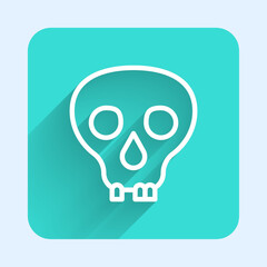 White line Skull icon isolated with long shadow background. Happy Halloween party. Green square button. Vector