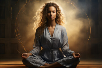 Woman practice meditation with Tibetan singing bowls in front of brown background - obrazy, fototapety, plakaty
