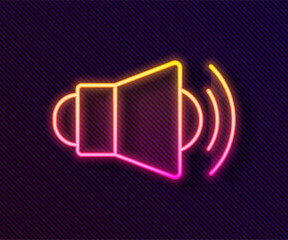 Glowing neon line Megaphone icon isolated on black background. Speaker sign.  Vector
