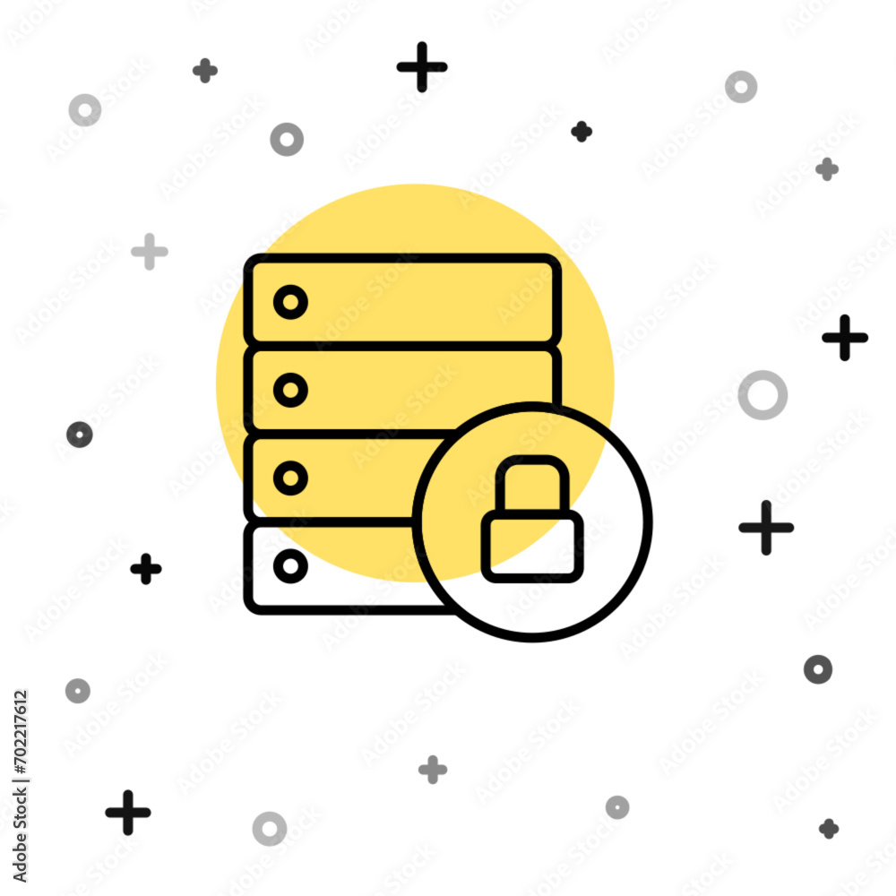 Poster black line server security with closed padlock icon isolated on white background. database and lock.