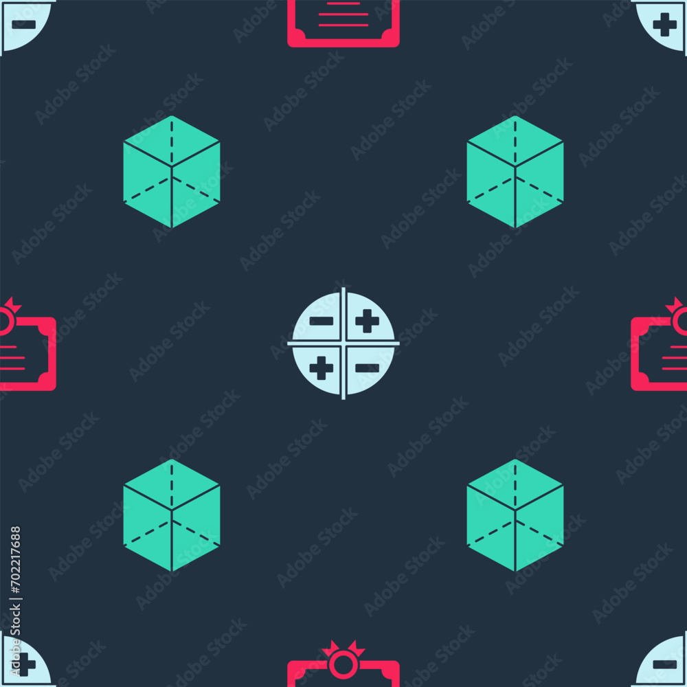 Poster set certificate template, xyz coordinate system and geometric figure cube on seamless pattern. vecto