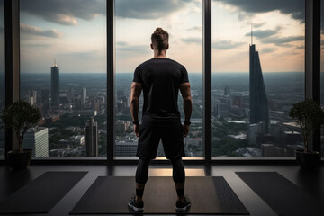 Young healthy man is doing sports at home against the background of a panoramic window