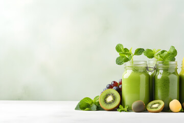 Healthy green smoothie with kiwi, grape and mint in glass jars on white wooden table.