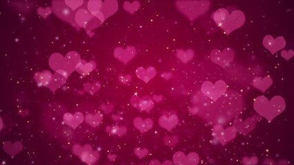 Cute pink hearts, shiny stars and glowing glittering particles on dark red gradient background. This shiny romantic Valentine's Day background is full HD and a seamless loop.