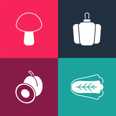 Set pop art Cabbage, Plum fruit, Bell pepper and Mushroom icon. Vector