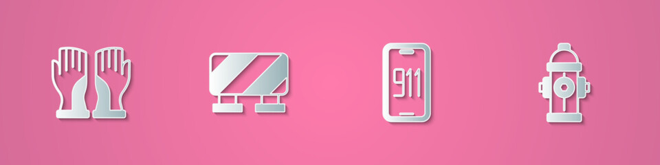 Set paper cut Firefighter gloves, Road barrier, Mobile emergency call 911 and hydrant icon. Paper art style. Vector