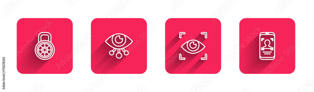 Poster set line safe combination lock, eye scan, and mobile and face recognition with long shadow. red squa