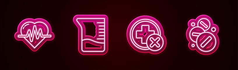 Set line Heart rate, Measuring cup, Cross hospital medical and Medicine pill or tablet. Glowing neon icon. Vector