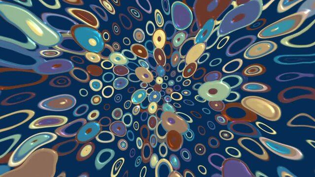 Trendy trippy 1970s retro pattern background animation with groovy colorful psychedelic circles and concentric circles. This vintage motion background is full HD and a seamless loop.